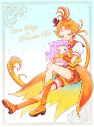 Rule 34 | 1boy, 1girl, baby, boots, character name, closed eyes, commentary, cure wing, ellee-chan, english commentary, hat, highres, hirogaru sky! precure, long hair, magical boy, male focus, mini hat, mini top hat, nene (oneoneo13), orange footwear, orange hair, orange shorts, parted bangs, ponytail, precure, puffy short sleeves, puffy sleeves, purple hair, short sleeves, shorts, sleeping, solo, top hat, two side up, wing hair ornament, yuunagi tsubasa