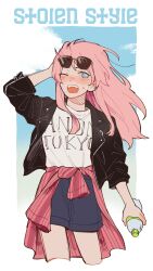 1girl arm_up bang_dream! bang_dream!_it&#039;s_mygo!!!!! black_jacket blue_shorts blush bottle cardigan cardigan_around_waist chihaya_anon clothes_around_waist commentary cropped_legs earclip eyewear_on_head grey_eyes highres holding holding_bottle jacket long_hair looking_at_viewer one_eye_closed open_clothes open_jacket open_mouth pink_cardigan pink_hair shirt shorts sleeves_past_elbows solo sunglasses sweatdrop teeth upper_teeth_only white_shirt yogurt_pt