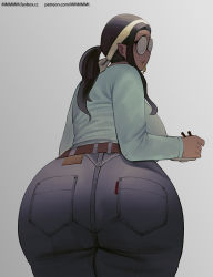 Rule 34 | 1girl, @ @, ass, belt, black hair, character request, dark-skinned female, dark skin, denim, elf-san wa yaserarenai., female focus, food in mouth, glasses, grey background, highres, huge ass, jeans, long hair, mmmmmkun, pants, pointy ears, ponytail, simple background, solo, thick thighs, thighs, wide hips