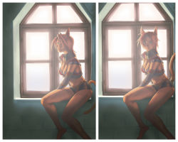 Rule 34 | 00s, 1girl, animal ears, backlighting, barefoot, blue eyes, breasts, brown hair, cat ears, cat girl, cleavage, detached collar, detached sleeves, facial mark, final fantasy, final fantasy xi, hairband, highres, indoors, light smile, looking away, looking back, medium breasts, midriff, mithra (ff11), multiple views, navel, profile, short hair, short shorts, shorts, sitting, sunlight, tail, windowsill, yuccoshi