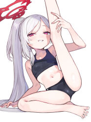 Rule 34 | 1girl, arm support, barefoot, black sports bra, blue archive, duplicate, artistic error, feet, grey hair, grin, halo, highres, leg up, long hair, looking at viewer, mutsuki (blue archive), navel, pixel-perfect duplicate, purple eyes, side ponytail, signalviolet, simple background, smile, solo, sports bra, white background, wrong foot