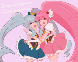 Rule 34 | 10s, 2girls, aino megumi, blue eyes, blue hair, blue skirt, brooch, character name, crown, cure lovely, cure princess, earrings, hair ornament, happinesscharge precure!, heart, heart brooch, heart hair ornament, hug, jewelry, long hair, magical girl, meko (2344927), mini crown, multiple girls, pink background, pink eyes, pink hair, pink skirt, ponytail, precure, shirayuki hime, sidelocks, skirt, smile, twintails, wide ponytail, wrist cuffs