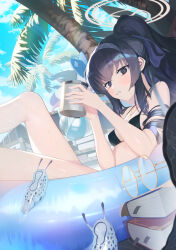 Rule 34 | 1girl, @ @, absurdres, bags under eyes, beach, bikini, black bikini, black hair, black ribbon, blue archive, blue sky, book, breasts, collarbone, crossed bangs, cup, derk, glasses, gold necklace, hair ribbon, hairband, halo, highres, holding, holding cup, jewelry, knee up, lifebuoy, light blush, light rays, looking at animal, necklace, official alternate costume, palm tree, parted lips, ponytail, purple hairband, ribbon, round eyewear, sidelocks, sitting, sky, slug, small breasts, sunbeam, sunlight, surfboard, swim ring, swimsuit, tearing up, teeth, tree, ui (blue archive), ui (swimsuit) (blue archive), unworn eyewear, white halo, yellow-framed eyewear