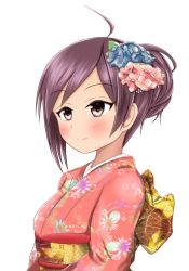 Rule 34 | 10s, 1girl, ahoge, alternate costume, alternate hairstyle, bad id, bad pixiv id, blush, breasts, brown eyes, commentary request, floral print, flower, from side, hagikaze (kancolle), hair flower, hair ornament, hair up, haoto (arnica leaf), japanese clothes, kantai collection, kimono, looking away, obi, purple hair, sash, simple background, smile, solo, swept bangs, updo, upper body, white background