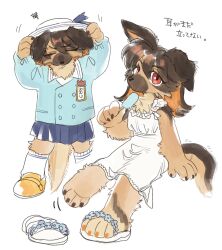 Rule 34 | 1girl, aged down, animal ears, animal feet, ankle socks, arms up, blue jacket, blue skirt, body fur, brown fur, brown hair, child, claws, closed eyes, collared shirt, colored inner hair, dog ears, dog girl, dog tail, dress, floppy ears, food, full body, furry, furry female, german shepherd, hat, highres, holding, holding food, holding popsicle, invisible chair, jacket, long hair, looking at viewer, multicolored hair, multiple views, oji (norahasu), orange hair, original, pleated skirt, popsicle, rata (norahasu), red eyes, sandals, school uniform, shirt, shoes, simple background, single shoe, sitting, skirt, socks, tail, two-tone hair, white background, white dress, white hat, white shirt, white socks, yellow footwear