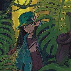 Rule 34 | 1girl, black hair, buttons, coat, commentary, creatures (company), eyelashes, game freak, go-lurk, green coat, green hat, hand up, hat, leaf, leaf (pokemon), leaf (sygna suit) (pokemon), long hair, long sleeves, looking at viewer, nintendo, official alternate costume, open clothes, open coat, open mouth, outdoors, plant, pokemon, pokemon masters ex, shirt, solo, teeth, tree, upper teeth only, vines, zipper pull tab