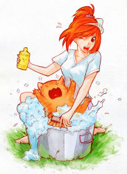 Rule 34 | 1girl, anger vein, artist name, barefoot, bottle, brush, bucket, creature, fangs, flying sweatdrops, grass, hair ribbon, holding, holding bottle, nana nakano, on grass, open mouth, original, ponytail, red eyes, red hair, ribbon, shirt, short hair, short sleeves, simple background, soap, solo, swept bangs, teeth, upper teeth only, white background, white ribbon, white shirt