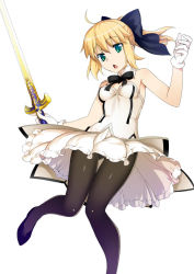 Rule 34 | 1girl, ahoge, artoria pendragon (all), artoria pendragon (fate), bare shoulders, black pantyhose, blonde hair, bow, caliburn (fate), chestnut mouth, crotch seam, detached collar, fate/grand order, fate/stay night, fate/unlimited codes, fate (series), gloves, green eyes, hair bow, namonashi, open mouth, panties, panties under pantyhose, pantyhose, ponytail, saber (fate), saber lily, shiny clothes, short hair, skirt, solo, strapless, sword, underwear, weapon