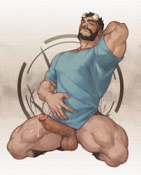 Rule 34 | 1boy, bara, beard, black hair, bottomless, broken horn, commission, covered erect nipples, dreamplpe, erection, facial hair, hairy, highres, horns, kneeling, large pectorals, leg hair, male focus, mature male, monster boy, muscular, muscular male, naked shirt, original, pectorals, penis, precum, satyr, shirt, short hair, solo, thick thighs, thighs, uncensored