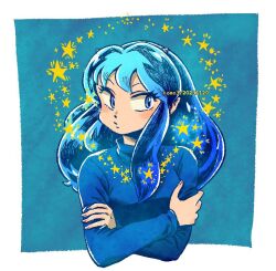 Rule 34 | 1girl, artist name, blue background, blue hair, blue sweater, border, commentary, cone horns, crossed arms, dated, gradient hair, horns, inofuyu0305, looking to the side, lum, medium hair, multicolored hair, oni, outside border, sidelocks, simple background, solo, star (symbol), sweater, symbol-only commentary, upper body, urusei yatsura, white border