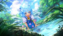 Rule 34 | 1girl, animal, artist request, blouse, blue bow, blue dress, blue eyes, blue hair, blush, bow, bug, butterfly, cirno, collared shirt, day, detached wings, dress, fairy, flower, hair between eyes, hair bow, highres, ice, ice wings, insect, morning glory, official art, open mouth, pink flower, puffy short sleeves, puffy sleeves, river, shirt, short hair, short sleeves, smile, solo, sunflower, tanned cirno, teeth, third-party source, touhou, touhou danmaku kagura, upper teeth only, water, white shirt, wings, yellow flower