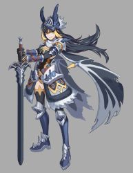 Rule 34 | 1girl, armor, black hair, blonde hair, breasts, cleavage, covered navel, dragon wings, earrings, fake horns, fur trim, great black hawk, grey background, hair between eyes, helmet, highres, holding, holding sword, holding weapon, horned headwear, horned helmet, horns, jewelry, kahill, knight, long hair, mole, mole under eye, multicolored hair, necklace, original, parted lips, pauldrons, planted, planted sword, planted weapon, shoulder armor, simple background, slit pupils, smile, solo, sword, thighhighs, tooth necklace, torn wings, vambraces, weapon, wings, yellow eyes
