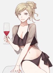 Rule 34 | 1girl, alcohol, arm support, bikini, black bikini, blonde hair, blue eyes, border, breasts, cleavage, collarbone, cowboy shot, cup, drinking glass, grey background, groin, hair between eyes, hand up, highres, holding, holding cup, kantai collection, kasumi (skchkko), leaning on object, leaning to the side, looking at viewer, medium breasts, midriff, mole, mole under eye, mole under mouth, navel, richelieu (kancolle), short hair, side-tie bikini bottom, side ponytail, simple background, sitting, solo, standing, swept bangs, swimsuit, white border, wine, wine glass