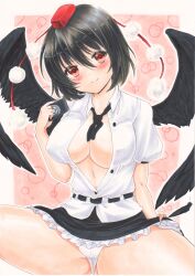 1girl absurdres black_hair black_skirt black_wings blush breasts buttons camera cleavage closed_mouth clothes_lift collared_shirt commentary_request cowboy_shot dress_shirt frilled_skirt frills hair_between_eyes hand_up hat heart highres holding holding_camera large_breasts lifting_own_clothes linea_alba looking_at_viewer marker_(medium) outline panties pom_pom_(clothes) puffy_short_sleeves puffy_sleeves red_eyes shameimaru_aya shirt short_hair short_sleeves skirt skirt_lift smile solo split_mouth spread_legs tokin_hat touhou traditional_media underwear white_outline white_panties white_shirt wings yuuki_chima