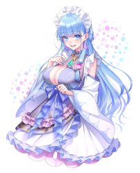 Rule 34 | 1girl, :d, amenohi shizuku, blue bow, blue dress, blue eyes, blue hair, blush, bow, breast suppress, breasts, chimachi, cleavage, commentary, commission, cowboy shot, cropped legs, detached sleeves, dress, earrings, frilled dress, frills, gem, hair bobbles, hair ornament, half updo, highres, hoop earrings, indie virtual youtuber, jewelry, large breasts, light blue hair, long hair, looking at viewer, maid headdress, open mouth, pendant, second-party source, simple background, skeb commission, smile, solo, virtual youtuber, white background, wide sleeves