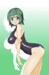 Rule 34 | 1girl, ass, bare legs, bare shoulders, bent over, black leotard, blush, breasts, covered erect nipples, glasses, gradient background, green eyes, green hair, highres, infinite stratos, large breasts, leotard, looking at viewer, macaroni (dontakadx), open mouth, profile, shiny clothes, shiny skin, short hair, skin tight, solo, standing, yamada maya (infinite stratos)