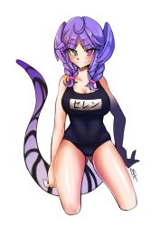 Rule 34 | 1girl, absurdres, ahoge, asymmetrical arms, blue eyes, blue one-piece swimsuit, blush, braid, breasts, cleavage, dragon girl, dragon tail, eyelashes, eyes visible through hair, fang, hair ornament, hairclip, heterochromia, highres, large breasts, looking at viewer, medium hair, name tag, nijisanji, nijisanji en, old school swimsuit, one-piece swimsuit, pointy ears, purple eyes, purple hair, school swimsuit, school swimsuit flap, selen tatsuki, shiriaru kita, signature, skin fang, smile, solo, swimsuit, tail, twin braids, virtual youtuber, white background