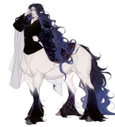 Rule 34 | 1boy, arm up, bishounen, black fur, black shirt, blue hair, centaur, closed mouth, collared shirt, cross-laced slit, cutesofa2, full body, hand up, hooves, horse tail, long hair, long sleeves, looking at viewer, male focus, monster boy, one eye closed, original, pointy ears, puffy long sleeves, puffy sleeves, purple eyes, shirt, simple background, solo, standing, tail, taur, very long hair, wavy hair, white background, white fur