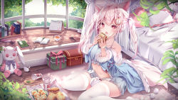 Rule 34 | 1girl, ahoge, animal ears, bare shoulders, blush, braid, clock hair ornament, collarbone, crop top, crumbling, day, eating, fangs, food, hair ribbon, hands up, highres, holding, holding food, indoors, long hair, looking at viewer, manman manyou haiyang de paomo, navel, no shoes, off shoulder, on floor, open mouth, original, pink eyes, ribbon, scenery, sitting, skin fangs, solo, tail, thighhighs, twintails, virtual youtuber, wariza, white hair, white thighhighs