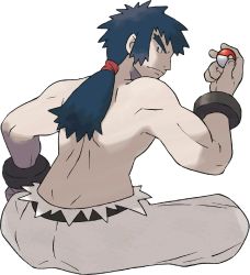Rule 34 | 1boy, black eyes, bright pupils, bruno (pokemon), closed mouth, creatures (company), elite four, frown, full body, game freak, hand up, highres, holding, holding poke ball, long hair, looking at viewer, looking back, male focus, muscular, muscular male, nintendo, official art, pants, poke ball, poke ball (basic), pokemon, pokemon hgss, ponytail, sitting, solo, sugimori ken, topless male, transparent background