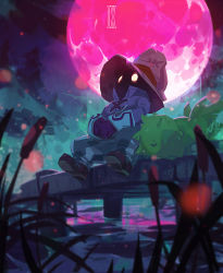Rule 34 | 1boy, baggy pants, black mage (final fantasy), blue coat, boots, cattail, chocobo, coat, dock, final fantasy, final fantasy ix, full body, full moon, glowing, glowing eyes, hat, highres, looking up, male focus, moon, outdoors, own hands together, pants, plant, red moon, sitting, solo, striped clothes, striped pants, toni infante, vivi ornitier, water, wizard hat
