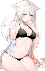 Rule 34 | 1girl, animal ear fluff, animal ears, arm behind back, black bra, black panties, blonde hair, blue eyes, blush, bra, breasts, cat ears, cat girl, cat tail, character request, cleavage, copyright request, hand to own mouth, highres, long hair, medium breasts, navel, panties, partially undressed, solo, tail, thighs, umibouzu (niito), underwear, very long hair, white background