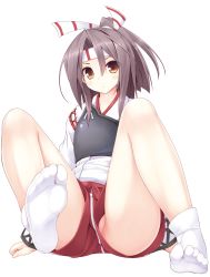 Rule 34 | 10s, 1girl, ?, bare legs, blush, brown eyes, brown hair, feet, foot focus, full body, hair between eyes, headband, highres, kantai collection, looking at viewer, muneate, no panties, no shoes, partially visible vulva, ruton-niki, shorts, sitting, socks, soles, solo, tabi, toes, transparent background, upshorts, white background, white socks, zuihou (kancolle)