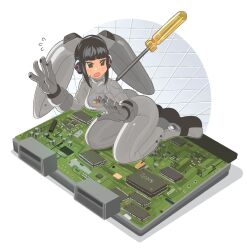 Rule 34 | 1girl, ass, black eyes, black hair, bodysuit, breasts, chzzei, flying sweatdrops, grey bodysuit, headphones, highres, large breasts, open mouth, original, playstation controller, playstation symbols, screwdriver, seiza, short hair, sitting, solo, sony, sweatdrop