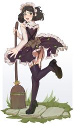 Rule 34 | 1boy, ass, back bow, bare shoulders, black footwear, black hair, black thighhighs, blush, bow, broom, brown bow, brown hair, brown panties, bulge, crossdressing, fate/grand order, fate (series), fingernails, frills, garter straps, gem, grass, grey nails, highres, holding, holding broom, lost-phews, maid, maid headdress, male focus, nail polish, open mouth, panties, rock, see-through, short hair, simple background, skindentation, solo, teeth, thighhighs, tongue, trap, underwear, waver velvet, white background