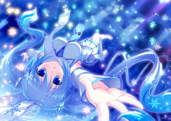 Rule 34 | 1girl, :o, alternate color, between breasts, blue eyes, blue hair, blue theme, breasts, colorized, detached sleeves, floating, foreshortening, hair ornament, hatsune miku, highres, long hair, looking at viewer, lying, matching hair/eyes, mikeou, necktie, on back, open mouth, outstretched arm, outstretched arms, pleated skirt, reaching, scarf, skirt, snowflakes, solo, spread arms, thighhighs, twintails, upside-down, very long hair, vocaloid, white thighhighs, yuki miku, zettai ryouiki