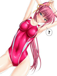 Rule 34 | 1girl, ?, alternate costume, armpits, arms up, blue eyes, blush, breasts, collarbone, competition swimsuit, covered erect nipples, covered navel, cowboy shot, dutch angle, hair ribbon, highres, impossible clothes, impossible swimsuit, long hair, lyrical nanoha, mahou shoujo lyrical nanoha, mahou shoujo lyrical nanoha a&#039;s, one-piece swimsuit, pink hair, pink one-piece swimsuit, ponytail, ribbon, sen (sansui), signum, solo, spoken question mark, swimsuit, very long hair, white background