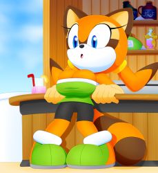 Rule 34 | 1girl, black shorts, blue eyes, breasts, cleavage, female focus, furry, furry female, green shirt, large breasts, marine the raccoon, oppai loli, shirt, shorts, slickehedge, solo, solo focus, sonic (series)