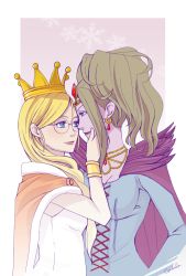 Rule 34 | 2girls, artist name, blonde hair, blue eyes, bracelet, bracer, breasts, brown hair, cape, circlet, cleavage, closed mouth, colored skin, couple, crown, dragon quest, dragon quest xi, dress, earrings, eye contact, face-to-face, female focus, forehead jewel, glasses, green eyes, grey skin, hand on another&#039;s face, hand up, jewelry, krystalinda, large breasts, light blue dress, lips, lipstick, lizlette, long hair, long sleeves, looking at another, makeup, multiple girls, neck, necklace, orange cape, pink lips, purple cape, purple lips, purple skin, queen frysabel, shaaru (dq11), short hair, signature, sleeveless, sleeveless dress, small breasts, smile, snowflakes, white dress, yuri