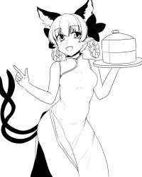 Rule 34 | 1girl, alternate costume, animal ears, bow, braid, braided hair rings, breasts, cat ears, cat tail, china dress, chinese clothes, dress, extra ears, greyscale, hair bow, hair rings, isaki (gomi), kaenbyou rin, looking at viewer, monochrome, multiple tails, nekomata, pointy ears, side slit, sleeveless, sleeveless dress, smile, solo, tail, touhou, tray, twin braids
