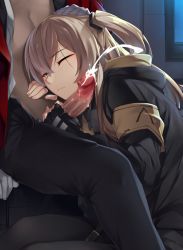 Rule 34 | 1boy, 1girl, armband, black gloves, black pants, black pantyhose, blush, breasts, brown hair, censored, closed mouth, cum, ejaculation, fingerless gloves, girls&#039; frontline, gloved handjob, gloves, griffin &amp; kryuger military uniform, hair between eyes, hair ornament, hand on another&#039;s head, handjob, head rest, head tilt, hetero, hood, hood down, hooded jacket, indoors, jacket, long hair, looking at viewer, mosaic censoring, night, one eye closed, one side up, open clothes, open jacket, open shirt, pants, pantyhose, penis, pointless censoring, precum, scar, scar across eye, scar on face, shirt, sitting, solo focus, tsuki tokage, ump45 (girls&#039; frontline), white gloves, white shirt, window, yellow eyes