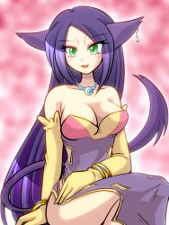 Rule 34 | 10s, 1girl, animal ears, bare shoulders, bracelet, breasts, cat ears, cat girl, cat tail, cleavage, creatures (company), detached sleeves, earrings, female focus, game freak, gen 5 pokemon, gloves, gradient background, green eyes, jewelry, large breasts, liepard, long hair, lots of jewelry, necklace, nintendo, open mouth, personification, pokemon, pokemon bw, purple hair, shiratsuki (royal moon), sitting, smile, solo, tail