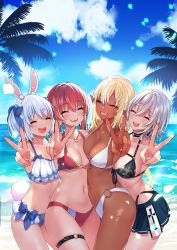 Rule 34 | 4girls, :d, absurdres, animal ear fluff, animal ears, bare shoulders, beach, bikini, blonde hair, blue bikini, blue bow, blue hair, blue ribbon, blue sky, blush, bow, breasts, cleavage, closed eyes, cloud, collarbone, dark-skinned female, dark skin, day, earrings, elf, fangs, grey hair, hair between eyes, hair ribbon, halterneck, heart, heart earrings, heart necklace, highres, hololive, hololive fantasy, houshou marine, houshou marine (summer), jewelry, kitazume kumie, large breasts, lips, long hair, multicolored hair, multiple girls, navel, necklace, o-ring, o-ring bikini, o-ring thigh strap, ocean, open mouth, outdoors, pointy ears, rabbit ears, rabbit girl, rabbit tail, red bikini, red hair, ribbon, shiranui flare, shirogane noel, shirogane noel (summer 2020), short hair, skindentation, sky, smile, standing, streaked hair, swimsuit, tail, thick eyebrows, thigh strap, twintails, two-tone hair, usada pekora, v, virtual youtuber, water, white bikini, white hair