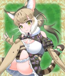 Rule 34 | 1girl, animal costume, animal ear fluff, animal ears, bare shoulders, belt, cat ears, cat girl, cat tail, elbow gloves, extra ears, fingerless gloves, gloves, grey hair, highres, jungle cat (kemono friends), kemono friends, kemono friends v project, kneehighs, long hair, looking at viewer, microphone, multicolored hair, ribbon, scarf, shirt, simple background, skirt, socks, solo, tail, twintails, unihulu, virtual youtuber, yellow eyes