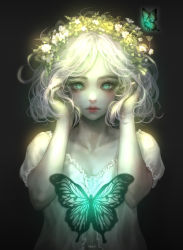 Rule 34 | 1girl, absurdres, artist name, bug, butterfly, dress, glowing, green eyes, head wreath, highres, insect, looking at viewer, original, pale skin, parted lips, shale, short hair, silver hair, solo, symbol-shaped pupils, upper body, white dress
