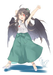 Rule 34 | 1girl, ;d, ahoge, alternate costume, arms up, black hair, black wings, blush, bow, casual, commentary request, contemporary, feathered wings, full body, green bow, green skirt, hair between eyes, hair bow, high heels, highres, jewelry, lace-trimmed bow, lace trim, long skirt, looking at viewer, no nose, one eye closed, open mouth, pendant, red eyes, reiuji utsuho, shirt, short sleeves, signature, simple background, skirt, smile, solo, standing, touhou, toutenkou, white background, white footwear, white shirt, wings