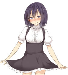 Rule 34 | 1girl, black dress, black hair, blouse, blue eyes, blush, breasts, dress, looking at viewer, meme attire, original, shirt, short hair, smile, solo, tori (minamopa), virgin killer outfit