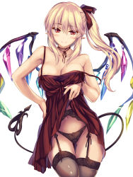 Rule 34 | 1girl, aged up, alternate costume, bare arms, bare shoulders, black panties, black thighhighs, blonde hair, breasts, choker, cleavage, closed mouth, clothes lift, collarbone, crystal, dress, dress lift, fingernails, flandre scarlet, garter belt, hair between eyes, hair ribbon, hand on own hip, head tilt, highres, laevatein (tail), large breasts, lifting own clothes, long hair, monety, nail polish, navel, off shoulder, panties, pointy ears, purple nails, red dress, red eyes, red ribbon, remilia scarlet, ribbon, ribbon choker, side ponytail, simple background, solo, standing, strap gap, tail, thighhighs, touhou, underwear, white background, wings
