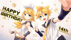 Rule 34 | 1boy, 1girl, aroeruji3, bass clef, belt, blonde hair, blue eyes, bow, brother and sister, cake, confetti, detached sleeves, fang, food, foreshortening, hair bow, happy birthday, headset, highres, kagamine len, kagamine rin, looking at viewer, midriff, midriff peek, nail polish, navel, neckerchief, necktie, open mouth, sailor collar, selfie, shorts, siblings, smile, treble clef, twins, v, vocaloid, yellow belt, yellow nails, yellow neckerchief, yellow necktie