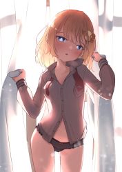 Rule 34 | 1girl, :o, absurdres, backlighting, black panties, blush, bow, bow panties, breasts, buttons, cleavage, collared shirt, contrapposto, cowboy shot, curtain grab, curtains, gluteal fold, hair ornament, head tilt, heart, heart-shaped pupils, highres, hololive, hololive english, kiirokuma, long sleeves, looking at viewer, medium breasts, medium hair, necktie, no pants, open mouth, panties, red necktie, shirt, solo, standing, symbol-shaped pupils, thigh gap, thighs, twitter username, unbuttoned, unbuttoned shirt, underwear, undone necktie, virtual youtuber, watson amelia, white shirt