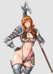 Rule 34 | 1girl, absurdres, armor, braid, breasts, cross scar, female focus, highres, knight, large breasts, long hair, looking at viewer, scar, scar on chest, scar on face, scar on stomach, simple background, single braid, solo, standing, tagme, warrior, weapons