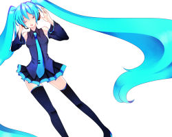 Rule 34 | 1girl, bad id, bad pixiv id, black thighhighs, blue hair, closed eyes, detached sleeves, female focus, hatsune miku, headphones, heki kiri, long hair, microphone, simple background, solo, thighhighs, twintails, vocaloid, white background