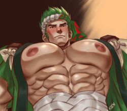 Rule 34 | 1boy, abs, artist name, bandages, bara, blush, brown eyes, feet out of frame, genji (overwatch), green hair, headband, highres, japanese clothes, k sen212, kimono, large pectorals, looking down, male focus, manly, mature male, muscular, muscular male, nipples, open clothes, open kimono, overwatch, pectorals, short hair, signature, simple background, smile, solo, spiked hair, sweat, sweatdrop, upper body, yukata