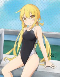 Rule 34 | 1girl, :3, artist name, black one-piece swimsuit, blonde hair, blue sky, chain-link fence, cloud, competition swimsuit, covered navel, etsuransha no rei, fence, highres, kantai collection, long hair, one-piece swimsuit, pool ladder, satsuki (kancolle), sitting, sky, smile, solo, split mouth, swimsuit, twintails, two-tone swimsuit, yellow eyes