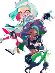 Rule 34 | + +, 2girls, :d, bad id, bad pixiv id, black footwear, black gloves, black shorts, boots, breasts, cleavage, closed mouth, dark-skinned female, dark skin, dress, fingerless gloves, gloves, green eyes, green hair, green legwear, headphones, inkling, long hair, looking at viewer, marina (splatoon), medium breasts, mole, mole under mouth, multicolored hair, multiple girls, nintendo, octoling, open mouth, pantyhose, pantyhose under shorts, pearl (splatoon), pink legwear, purple hair, shiomi (lowrise), short hair, shorts, sleeveless, sleeveless dress, smile, splatoon (series), splatoon 2, suction cups, symbol-shaped pupils, teeth, tentacle hair, two-tone hair, v-shaped eyebrows, white background, white dress, white footwear, white hair, yellow eyes, zipper, zipper pull tab