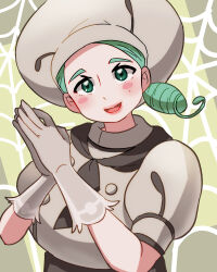 Rule 34 | 1girl, ascot, brown ascot, buttons, chef, creatures (company), game freak, gloves, green eyes, hat, highres, katy (pokemon), light green hair, looking at viewer, mole, mole on cheek, nintendo, open mouth, pokemon, pokemon sv, puffy short sleeves, puffy sleeves, short sleeves, shugara, smile, solo, white hat
